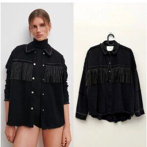 ZARA BUTTON DOWN DENIM SHIRT WITH FRINGES AND STUDS / SIZE S / OVERSIZE